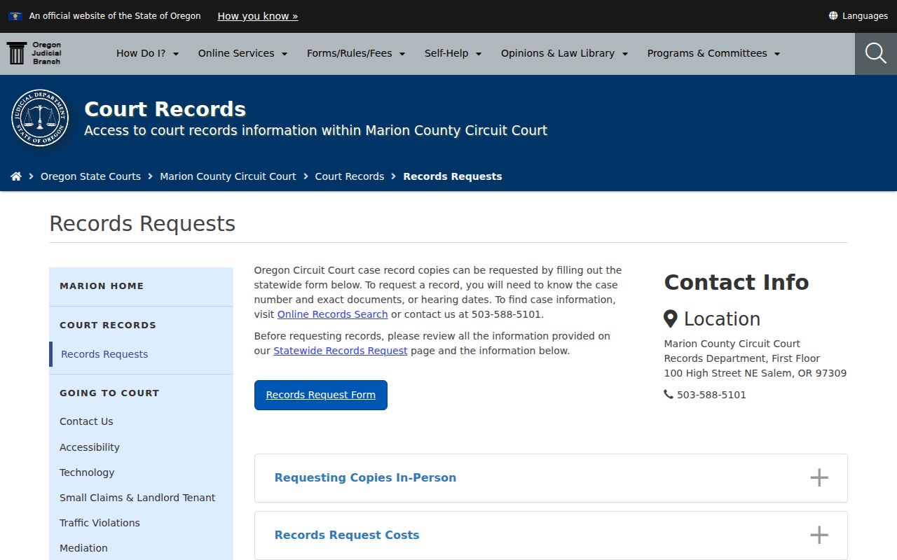 Marion County criminal court records request page