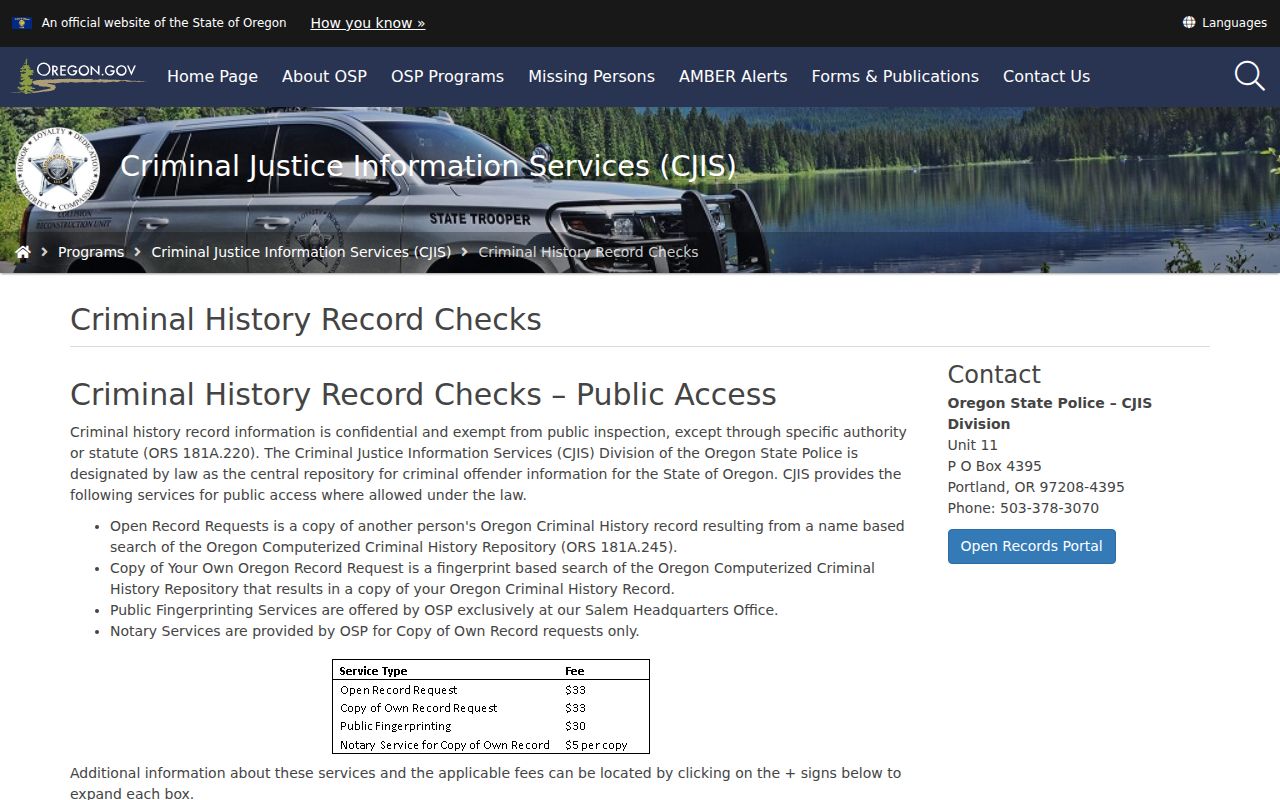 Marion County criminal history options on the Oregon State Police CJIS page