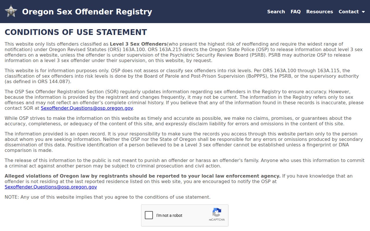 Oregon Sex Offender Inquiry System search interface